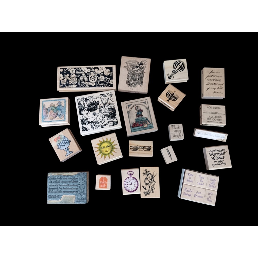 Lot of 20 Vintage Wood Mounted Rubber Stamps Arts Floral Sun Clock Metal Block